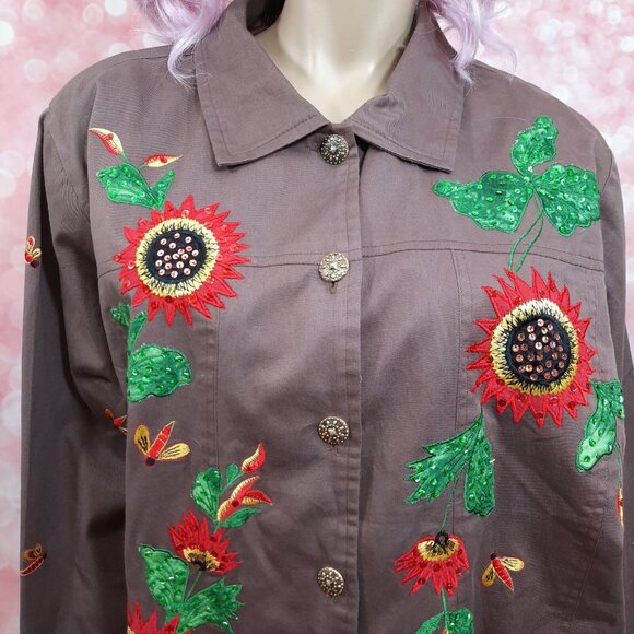 Vintage 90s Floral Applique Patches Utility Jacket Size XXL 2XL Brown Cotton - Picture 3 of 12